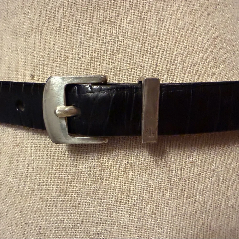 LAUREN RALPH LAUREN LRL BELT BLACK LEATHER CROC LOOK SILVER TONE BUCKLE SKINNY S